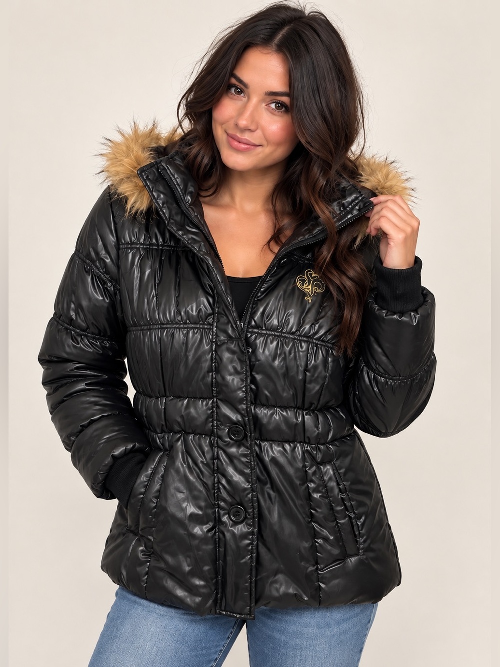 South Pole Black Quilted Puffer Jacket with Faux Fur Trim Hood Size M